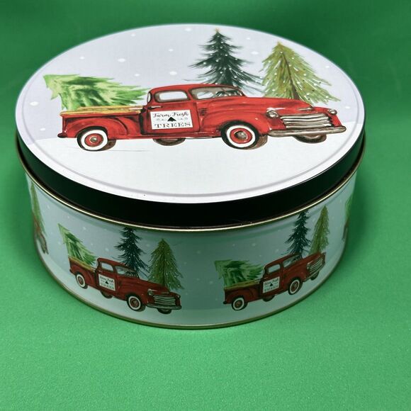 Tin Cookie Box Round 6.5" X‎ 3" Christmas Farm Fresh Pine Trees Snow Container - Picture 1 of 9